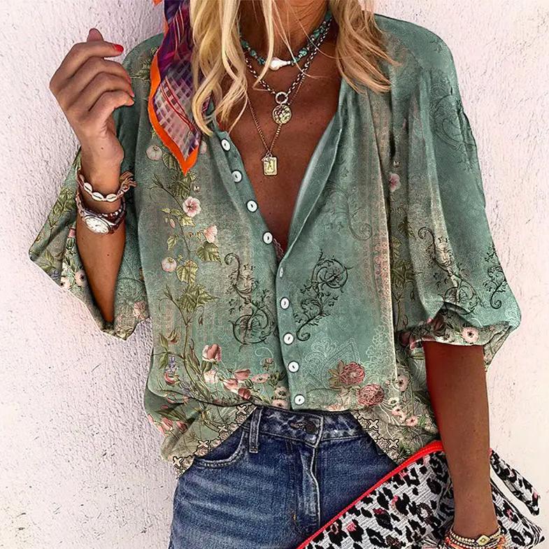 Floral Blouse Women | Button Closure & Comfortable Half Sleeves Green
