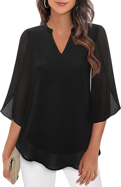 Blouse, three-quarter sleeves, flowing fabric, formal style black