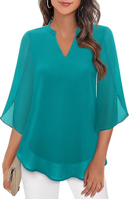Blouse, three-quarter sleeves, flowing fabric, formal style blue-green