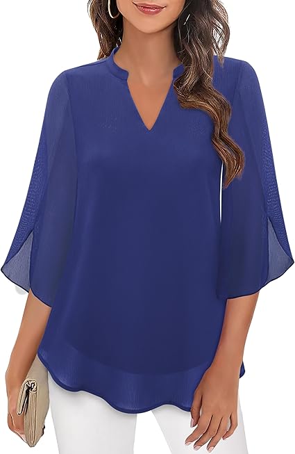 Blouse, three-quarter sleeves, flowing fabric, formal style blue