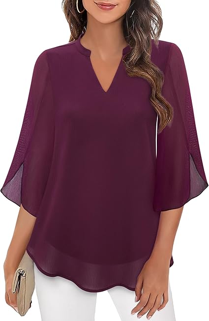 Blouse, three-quarter sleeves, flowing fabric, formal style burgundy