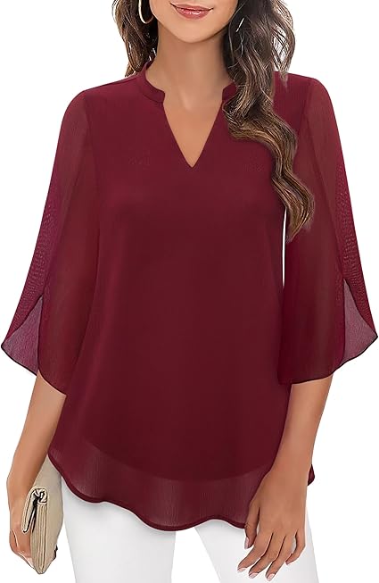 Blouse, three-quarter sleeves, flowing fabric, formal style wine red