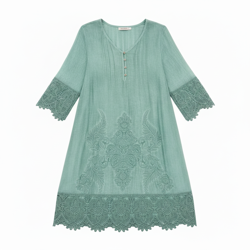 Flora | Women’s Bohemian Embroidered & Lace Tunic Dress – Airy Eyelet Detail & Effortless Summer Romance