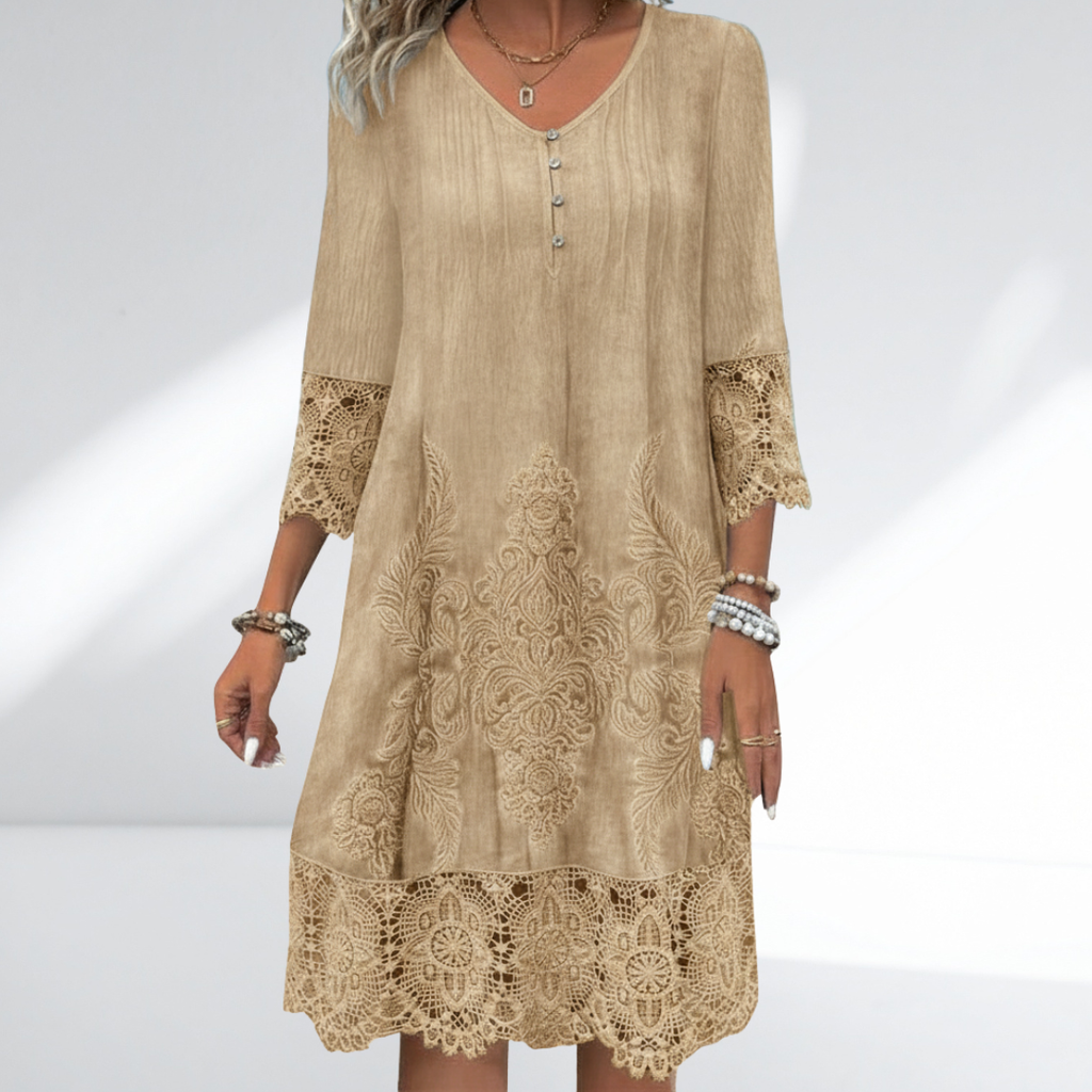Flora | Women’s Bohemian Embroidered & Lace Tunic Dress – Airy Eyelet Detail & Effortless Summer Romance Khaki
