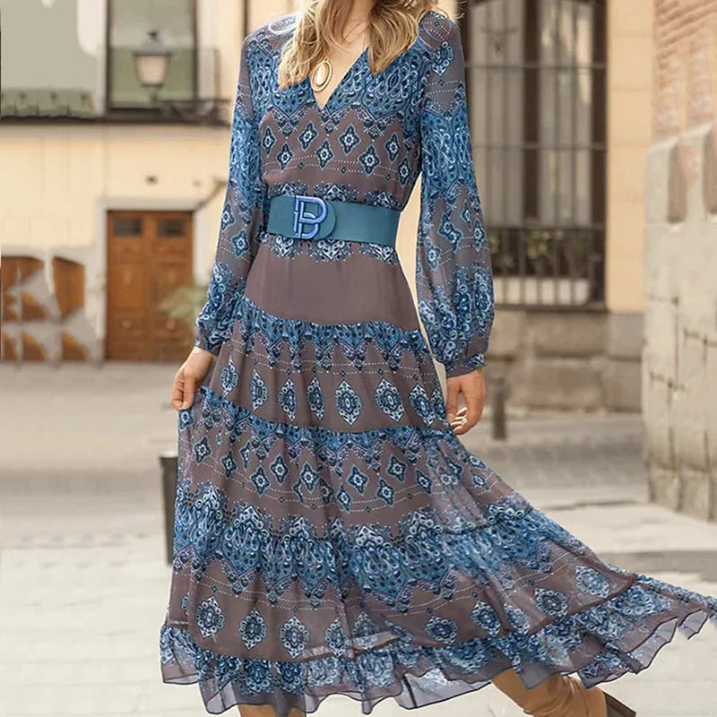 Bohemian Tiered Maxi Dress with Intricate Print – Effortless Summer Wanderlust Blue