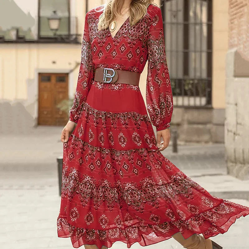 Soul | Bohemian Tiered Maxi Dress with Intricate Print – Effortless Summer Wanderlust Red