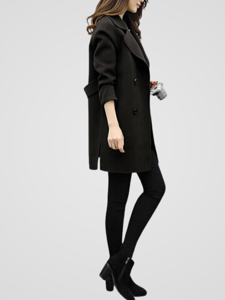 Zahara | Women's Elegant Coat - Classic Wool Blend Longline Overcoat & Tailored Trench Black