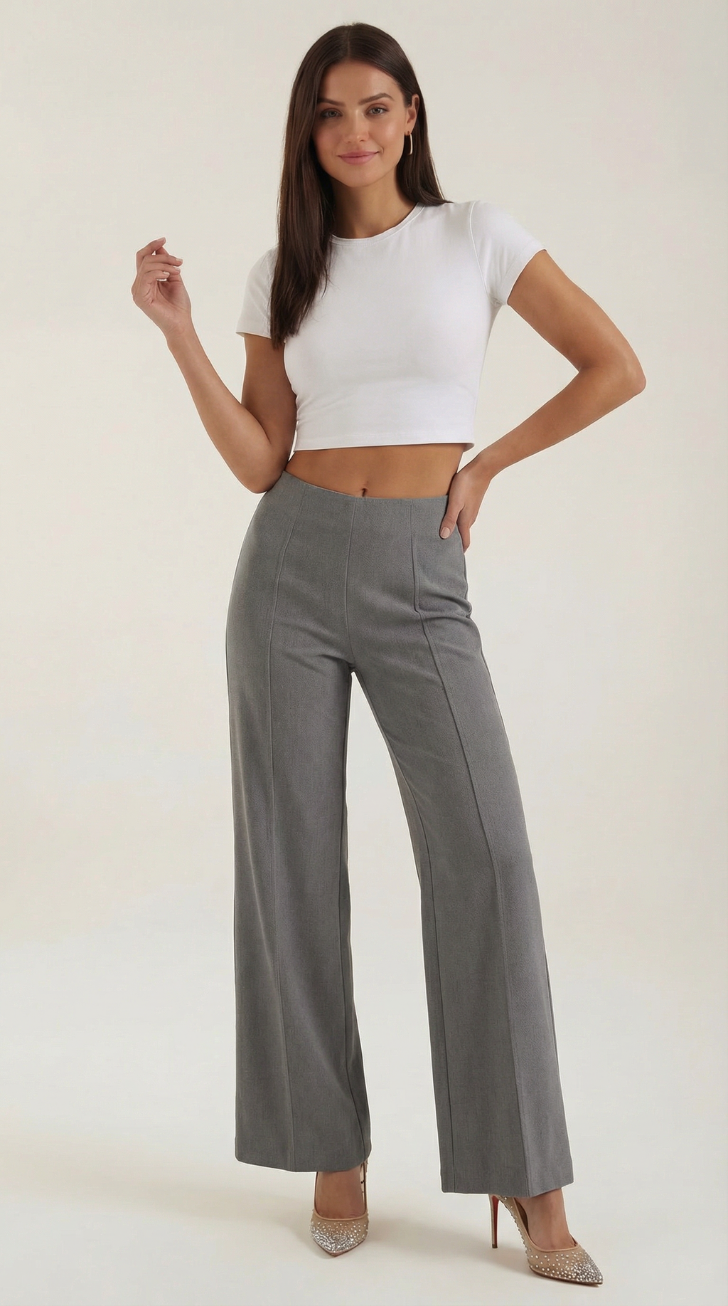 Women's White Mid-Waist Baggy Trousers – Relaxed Wide-Leg Fit & Soft Cotton Light Gray