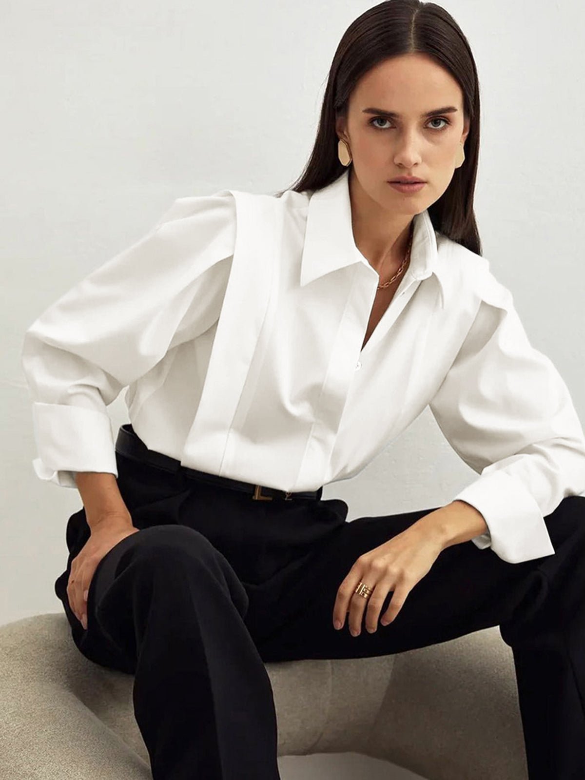 Solene | Button Down Square Shirt – Chic Artisan Grace & Refined Slimming Silhouette White
