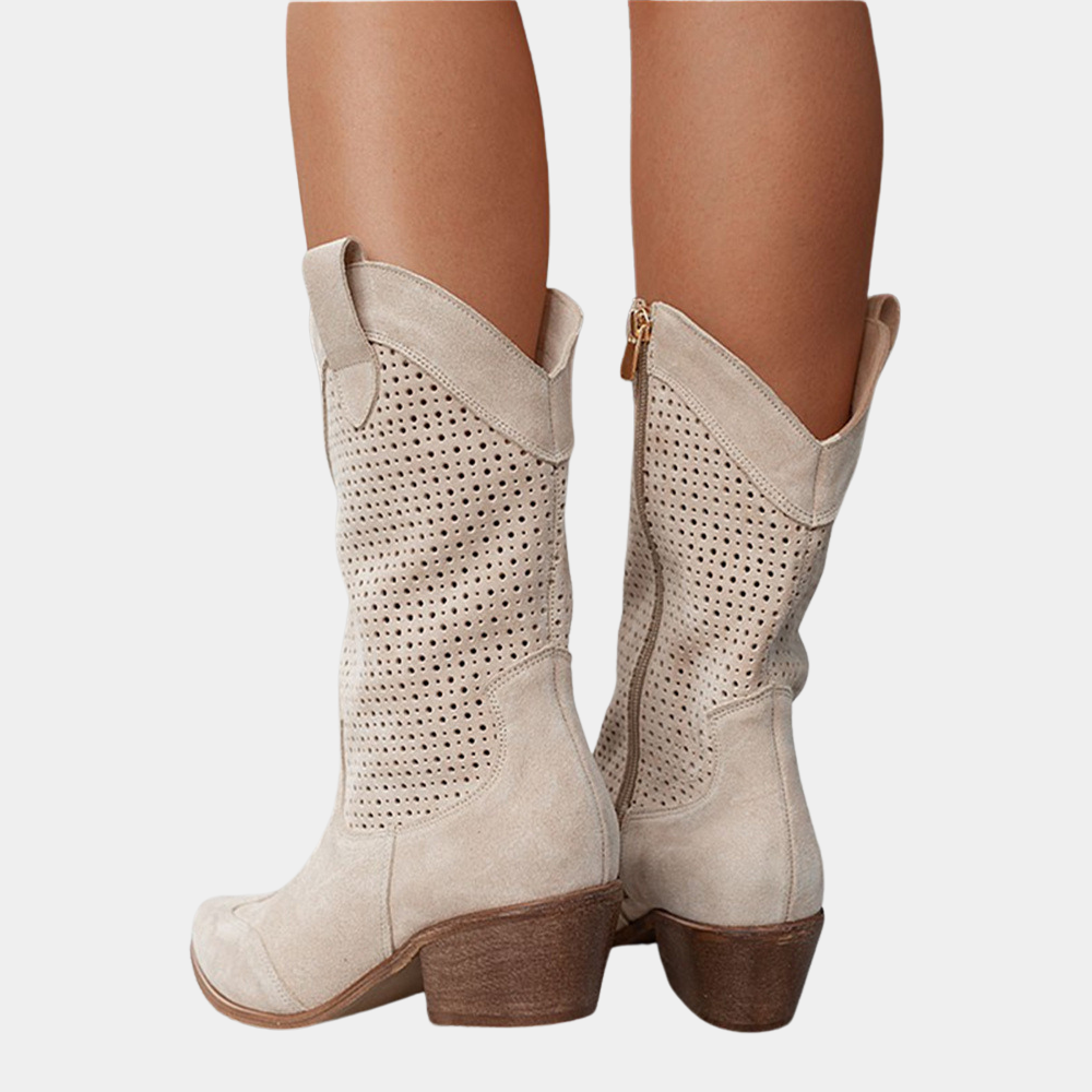 Boots For Women | Mid Calf Block Heel With Perforated Shaft