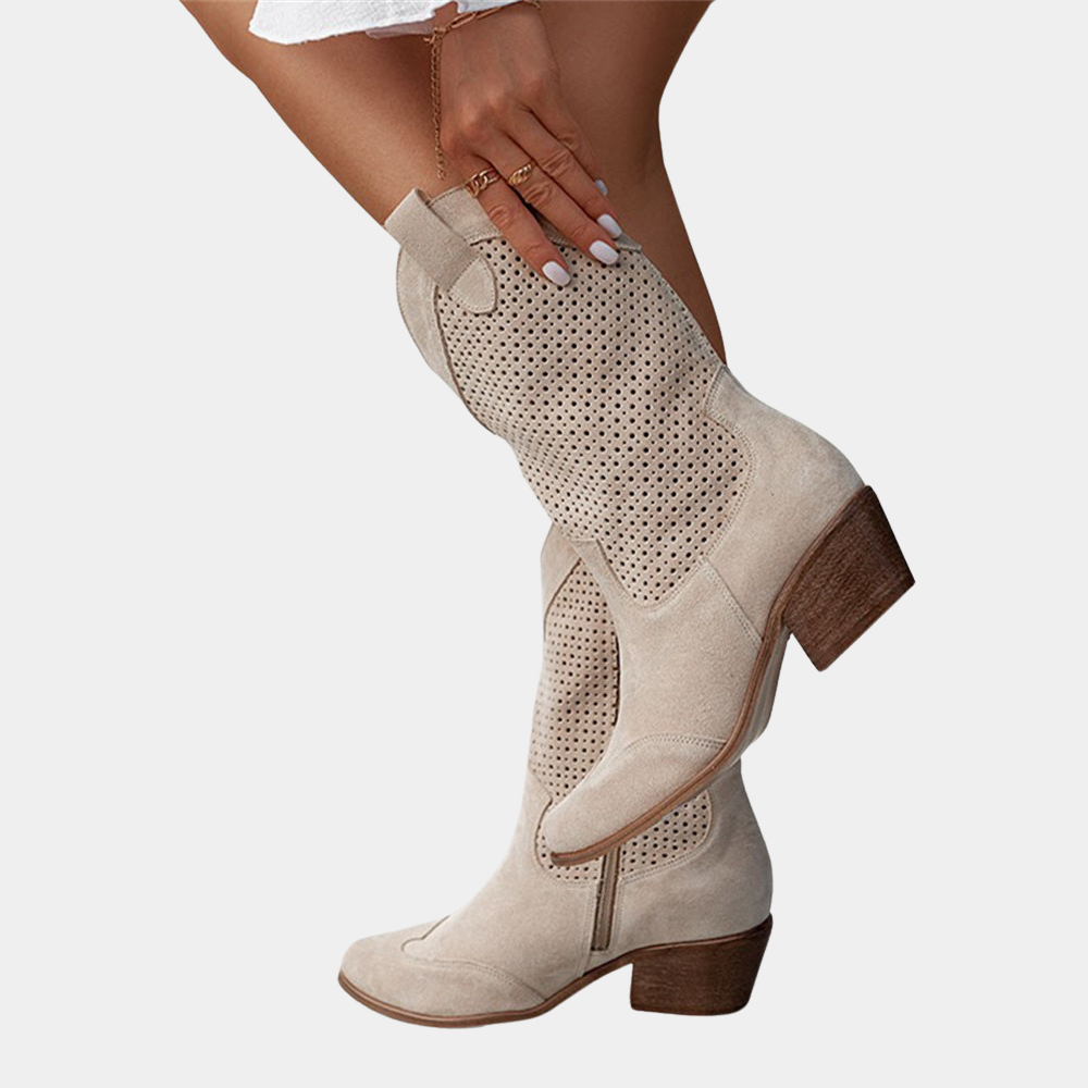 Boots For Women | Mid Calf Block Heel With Perforated Shaft