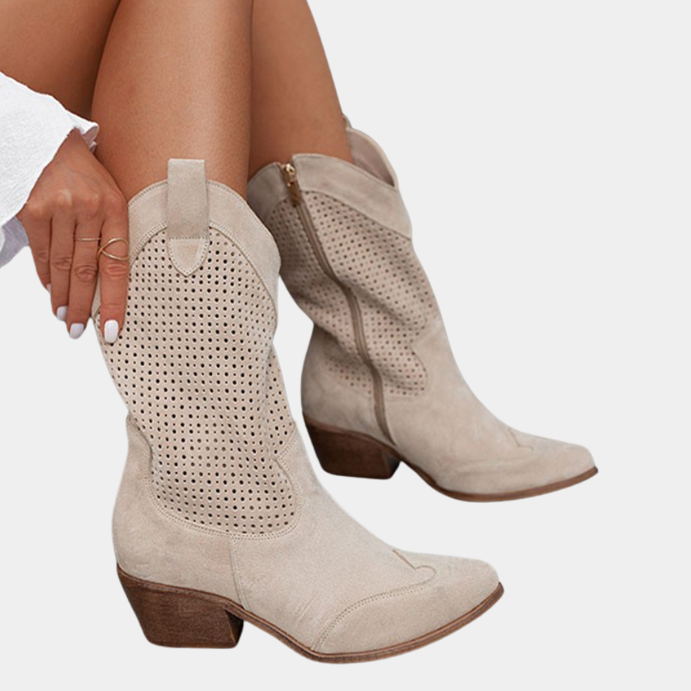 Boots For Women | Mid Calf Block Heel With Perforated Shaft