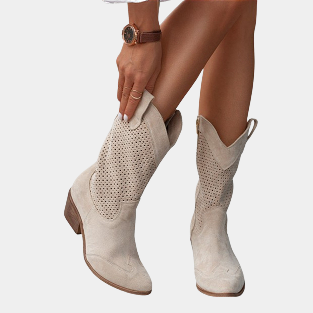 Boots For Women | Mid Calf Block Heel With Perforated Shaft Beige