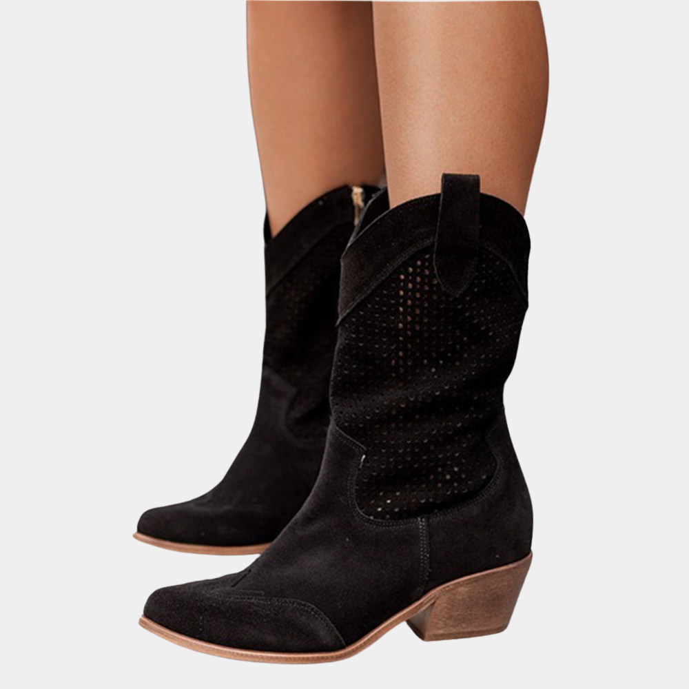 Boots For Women | Mid Calf Block Heel With Perforated Shaft Black