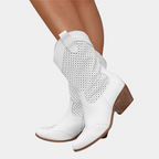 Boots For Women | Mid Calf Block Heel With Perforated Shaft White