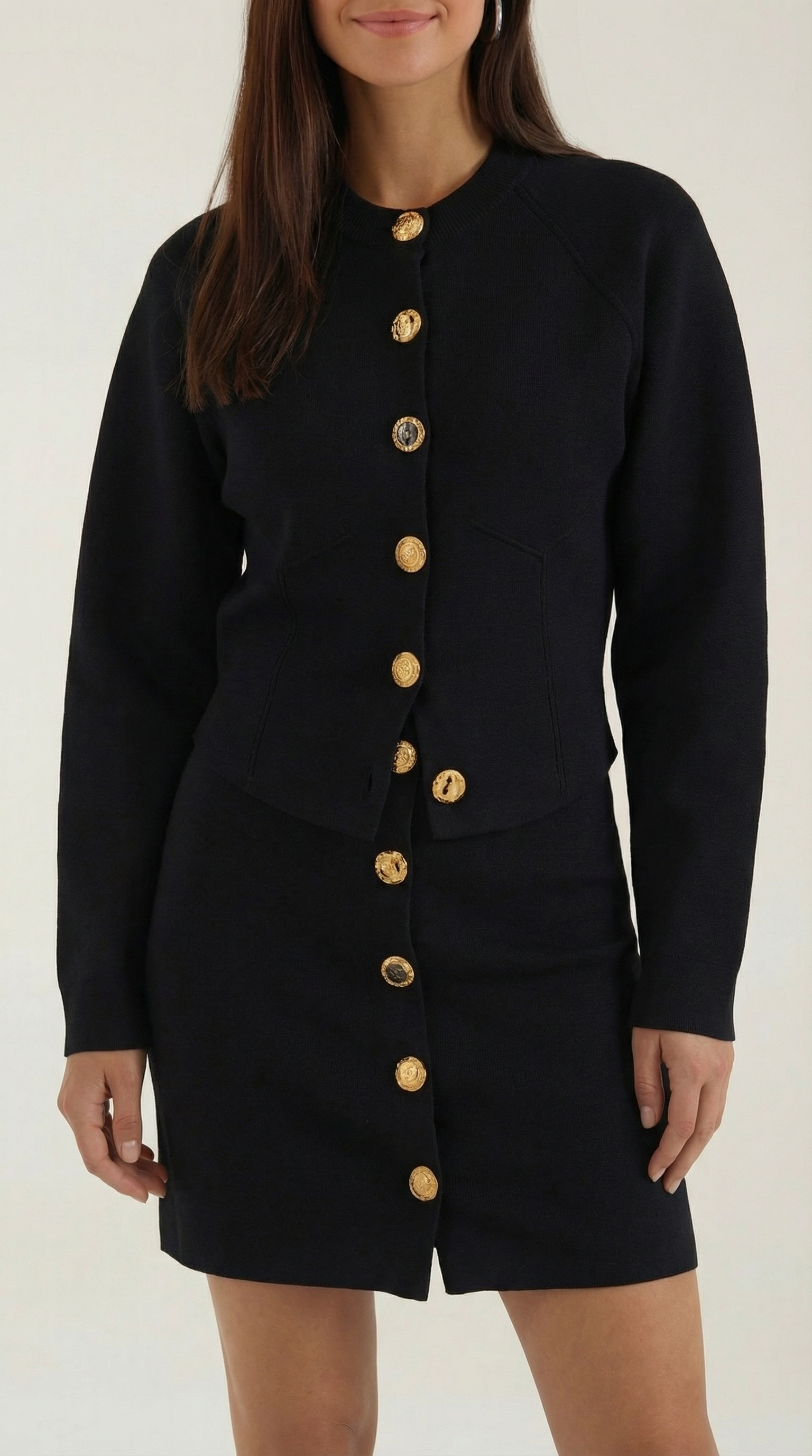 Women's Buttoned Cardigan and Skirt Set – Ribbed Knit & Matching Co-ord