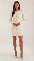 Women's Buttoned Cardigan and Skirt Set – Ribbed Knit & Matching Co-ord Beige