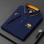 Casual men's short-sleeved polo shirt with button placket, cotton blue