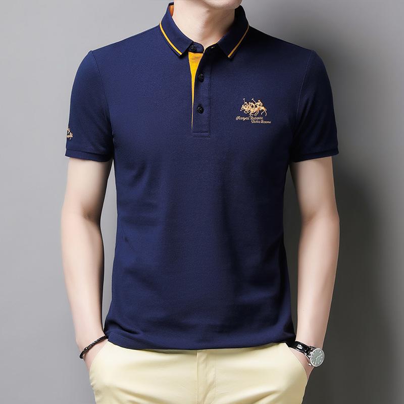 Casual men's short-sleeved polo shirt with button placket, cotton