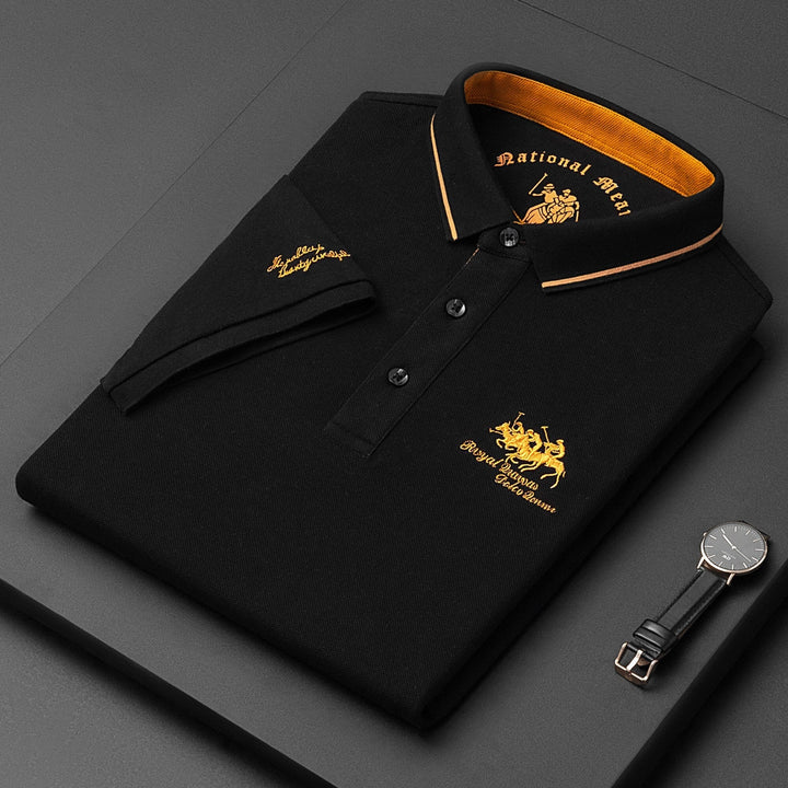 Casual men's short-sleeved polo shirt with button placket, cotton black