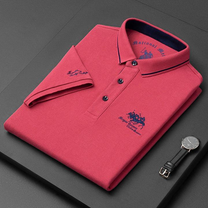 Casual men's short-sleeved polo shirt with button placket, cotton pink