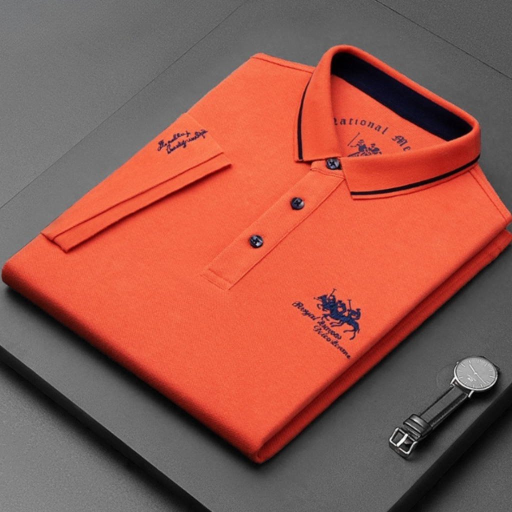 Casual men's short-sleeved polo shirt with button placket, cotton orange