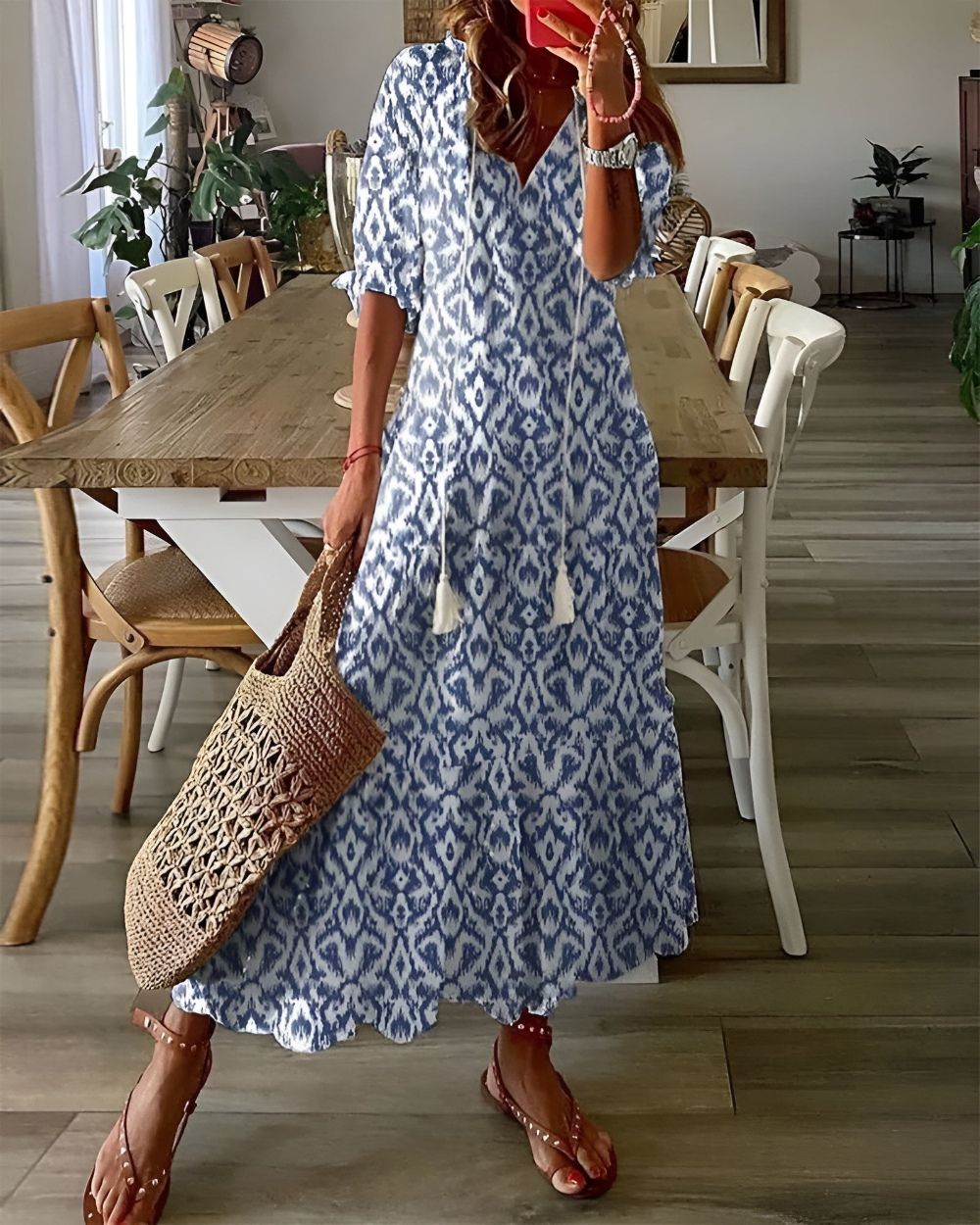 Māyā | Women’s Boho Magic Covering Dress – Ethereal Architectural Layering & Refined Artisan Fluidity Blue