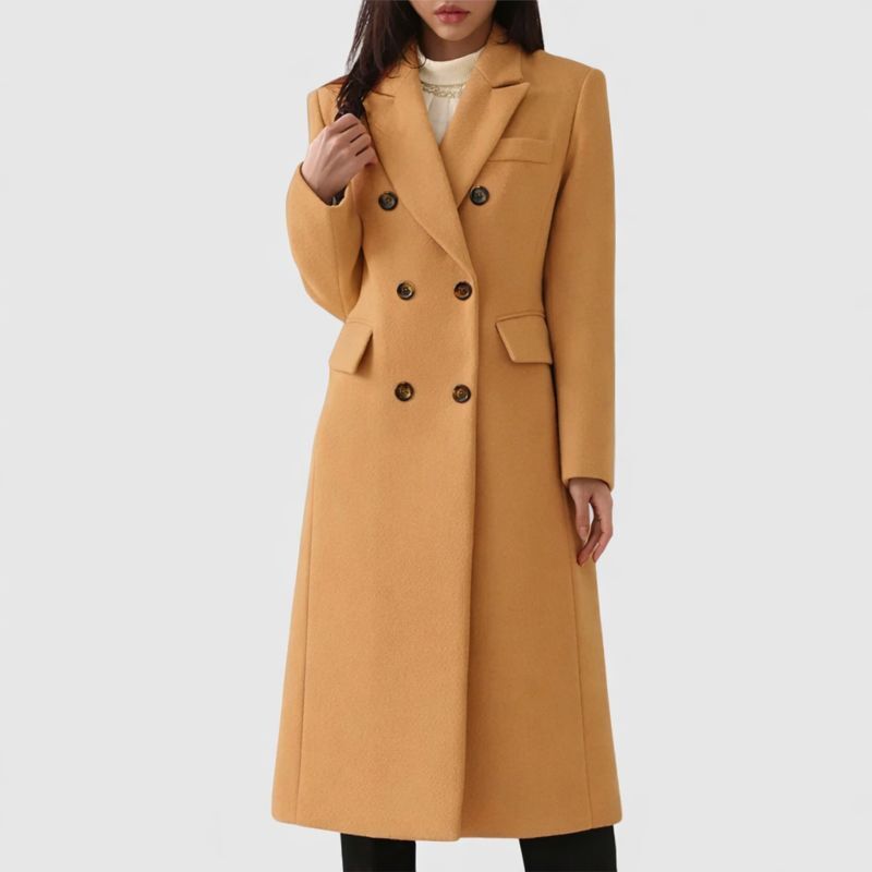 Luna | Women's Flap Pocket Coat - Tailored Wool Blend Longline Overcoat & Trench Jacket Brown