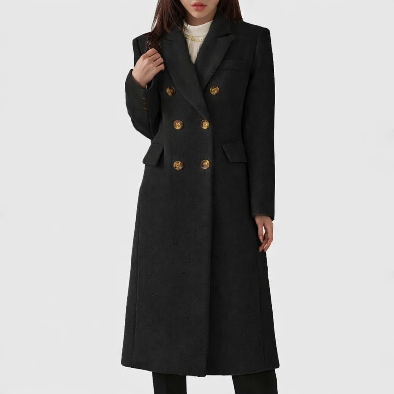 Luna | Women's Flap Pocket Coat - Tailored Wool Blend Longline Overcoat & Trench Jacket Black