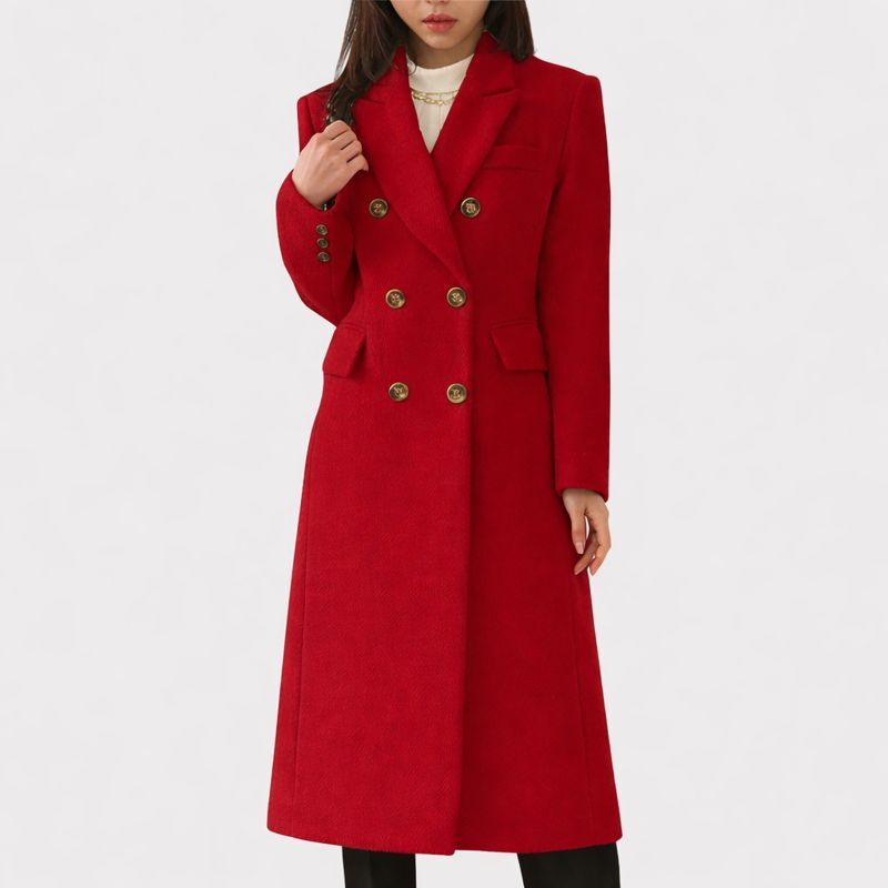 Luna | Women's Flap Pocket Coat - Tailored Wool Blend Longline Overcoat & Trench Jacket Red