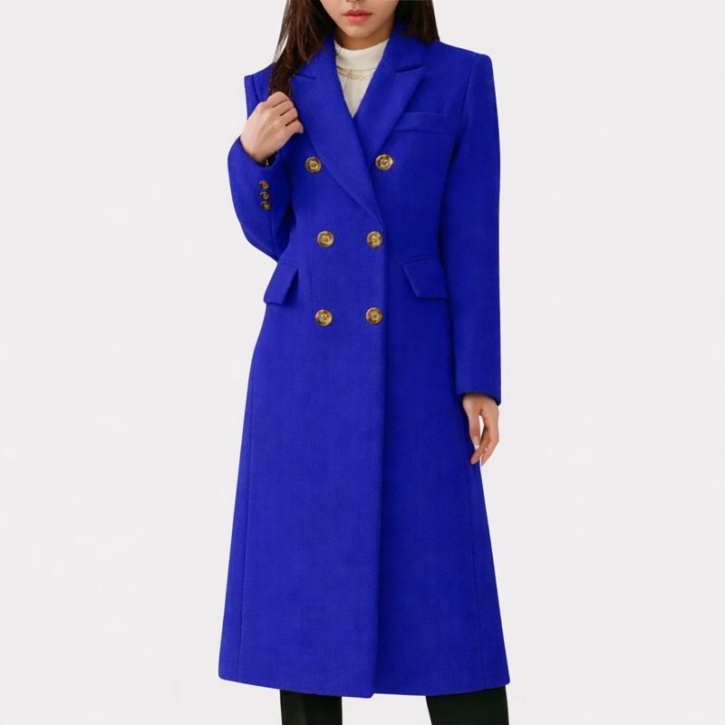 Luna | Women's Flap Pocket Coat - Tailored Wool Blend Longline Overcoat & Trench Jacket Blue