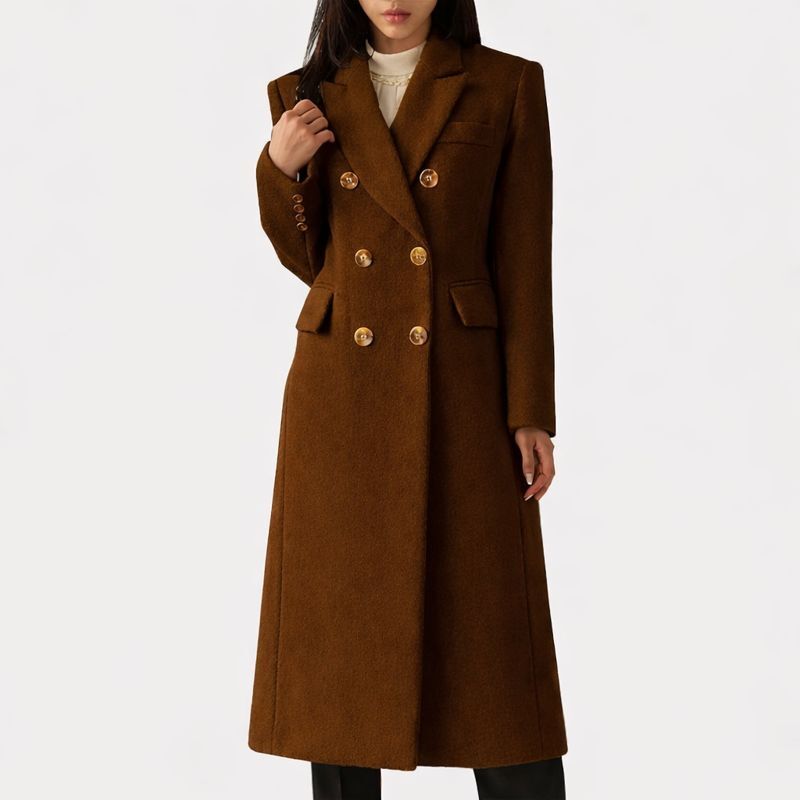 Luna | Women's Flap Pocket Coat - Tailored Wool Blend Longline Overcoat & Trench Jacket Dark Brown