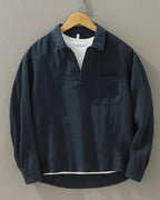 Hommes | Men's Grandad Collar Shirt - Casual Mandarin Band Collar Long Sleeve Cotton Top Blue