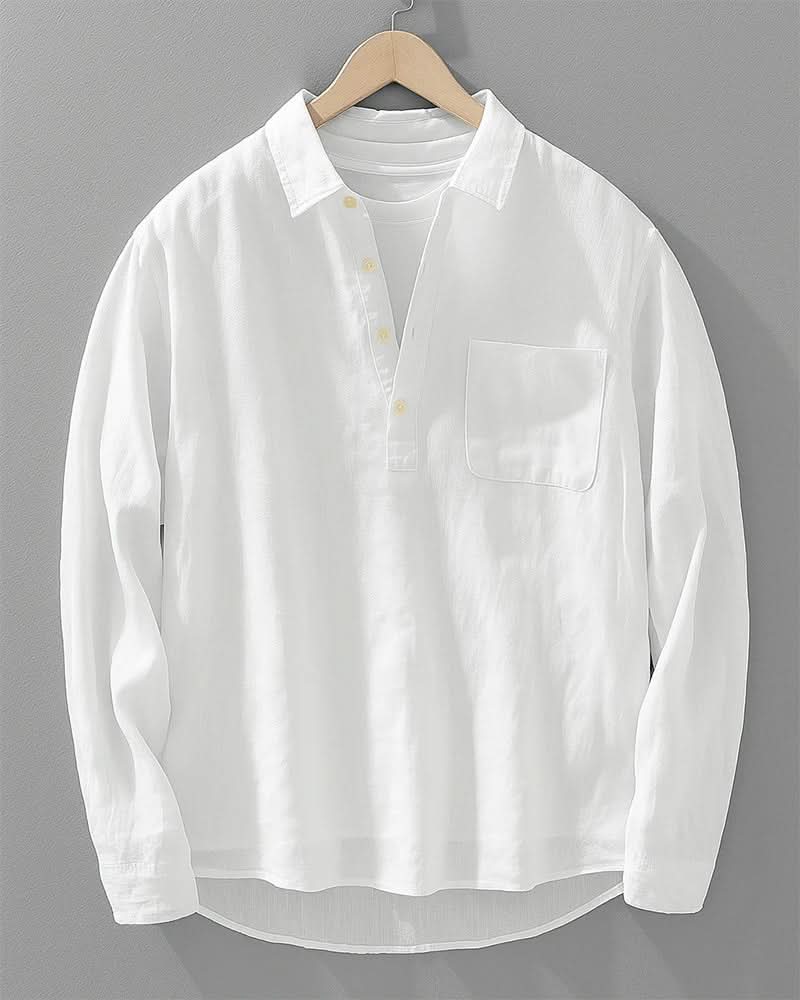 Hommes | Men's Grandad Collar Shirt - Casual Mandarin Band Collar Long Sleeve Cotton Top White