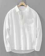Hommes | Men's Grandad Collar Shirt - Casual Mandarin Band Collar Long Sleeve Cotton Top White