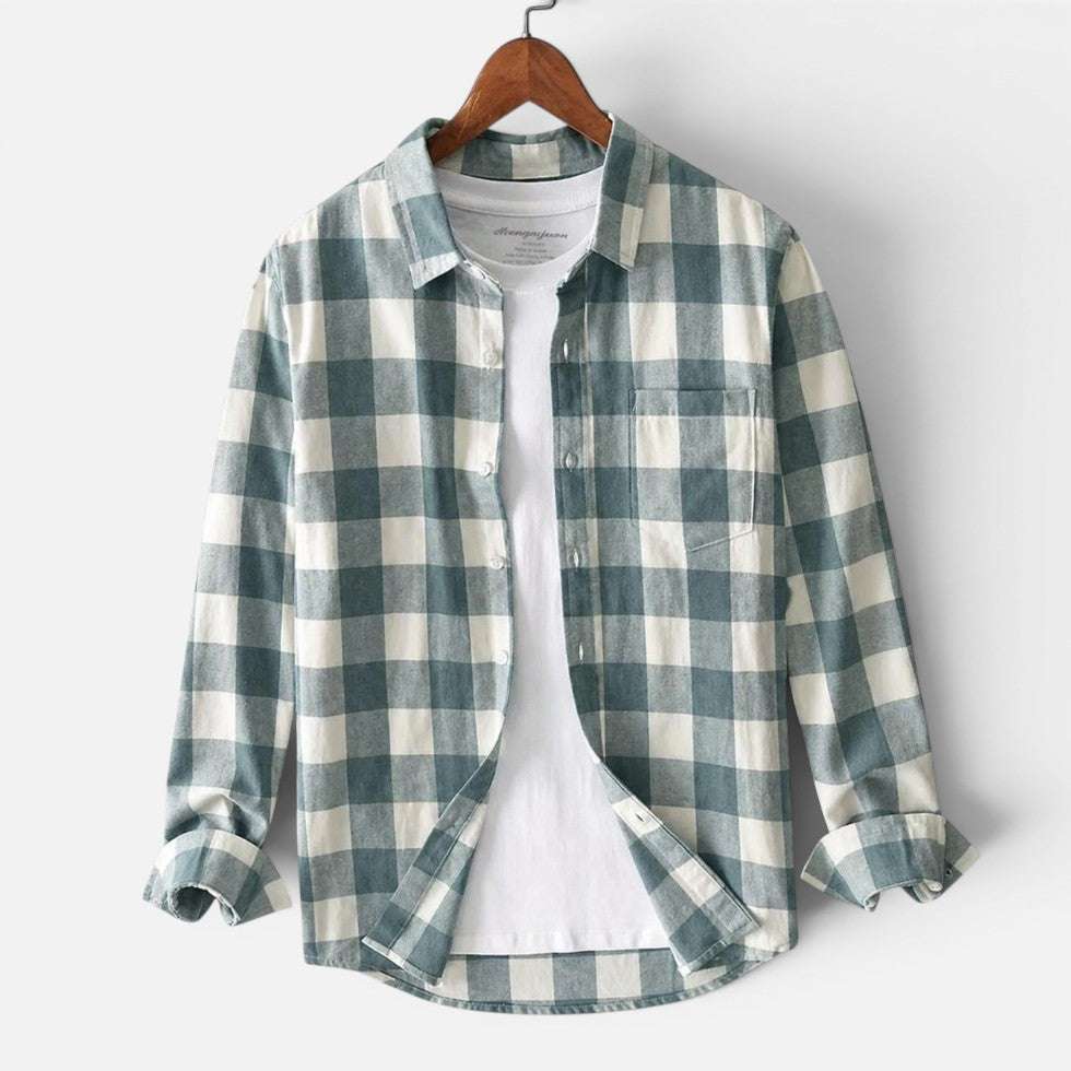 Nisyros | Men's Long Sleeve Checked Flannel Shirt - Casual Button-Down Plaid Shirt Green