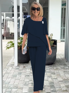 Aura | Women's Elegant Two-Piece Set – Co-ord Loungewear & Tailored Minimalist Trouser Suit Navy Blue