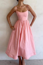 Soluna | Classic Sweetheart Neckline Midi Dress – Timeless Summer Romance Pink