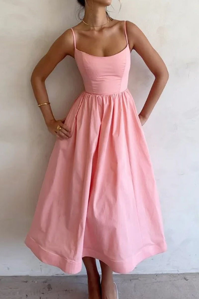 Soluna | Classic Sweetheart Neckline Midi Dress – Timeless Summer Romance Pink