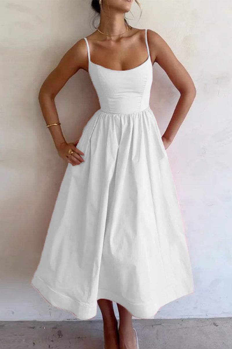Soluna | Classic Sweetheart Neckline Midi Dress – Timeless Summer Romance White