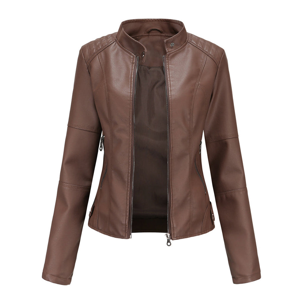 Solis | Women's Jacket | Stand Collar Zipper Pockets Brown