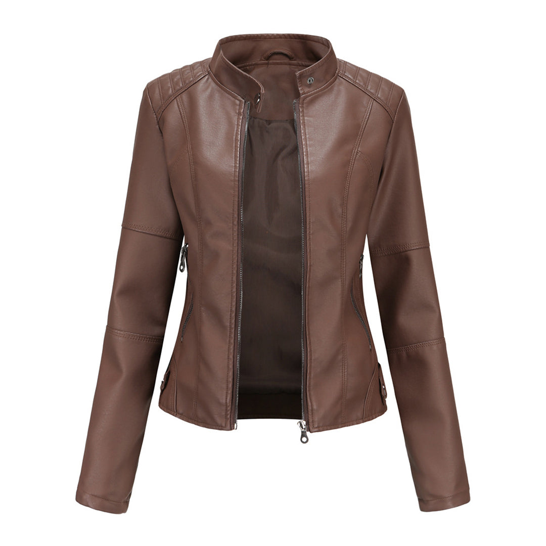 Solis | Women's Jacket | Stand Collar Zipper Pockets Brown