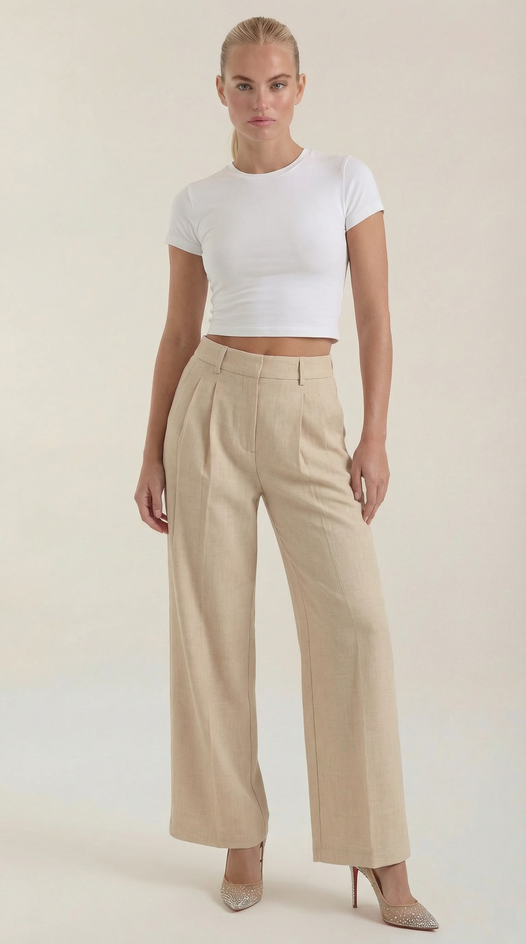 Women's Pleated High-Rise Wide-Leg Pants – Tailored Front & Flowy Crepe Fabric Beige