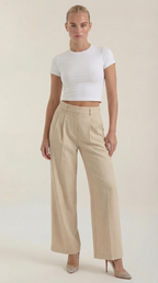 Women's Pleated High-Rise Wide-Leg Pants – Tailored Front & Flowy Crepe Fabric Beige