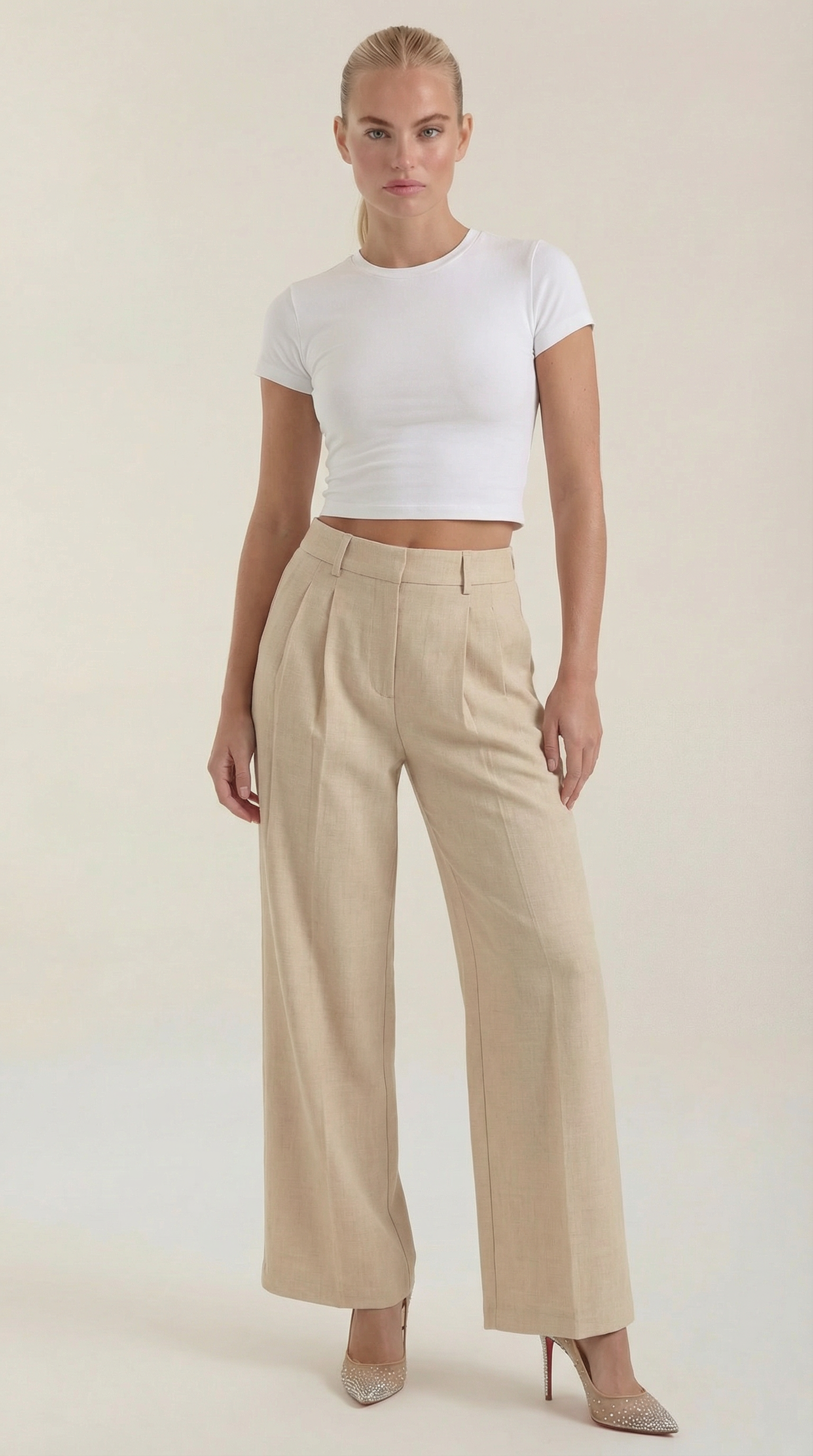 Women's Pleated High-Rise Wide-Leg Pants – Tailored Front & Flowy Crepe Fabric Beige