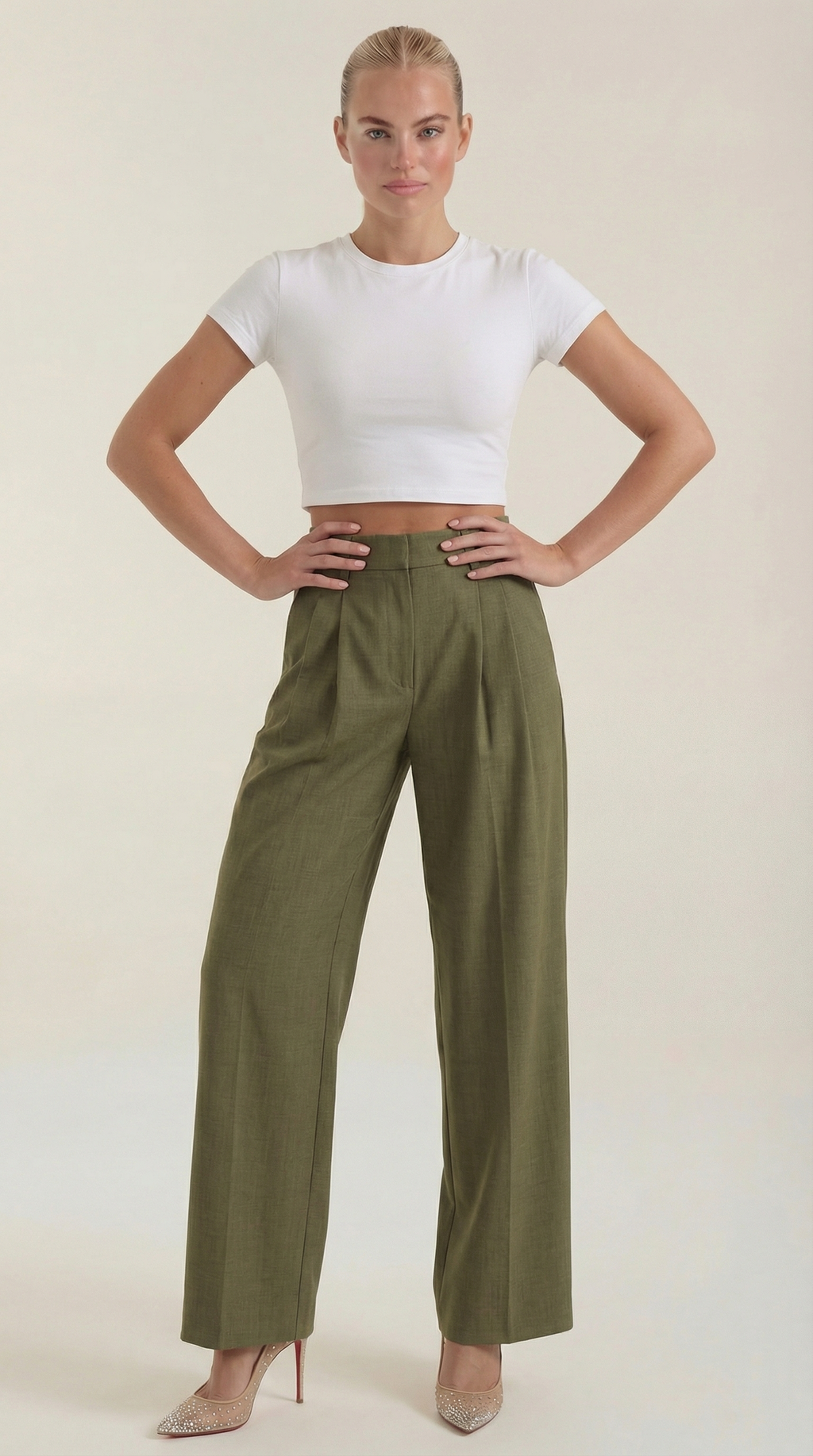 Women's Pleated High-Rise Wide-Leg Pants – Tailored Front & Flowy Crepe Fabric Dark green