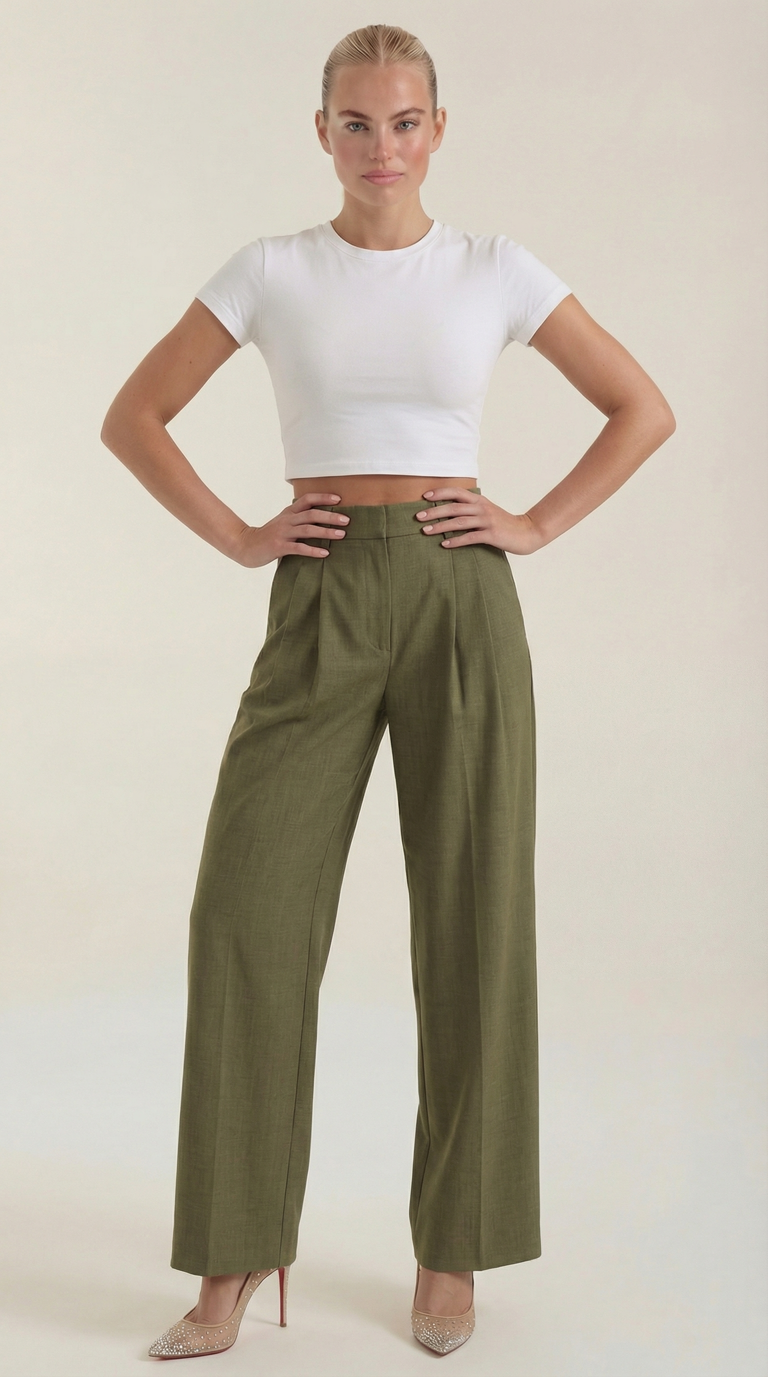 Women's Pleated High-Rise Wide-Leg Pants – Tailored Front & Flowy Crepe Fabric Dark green