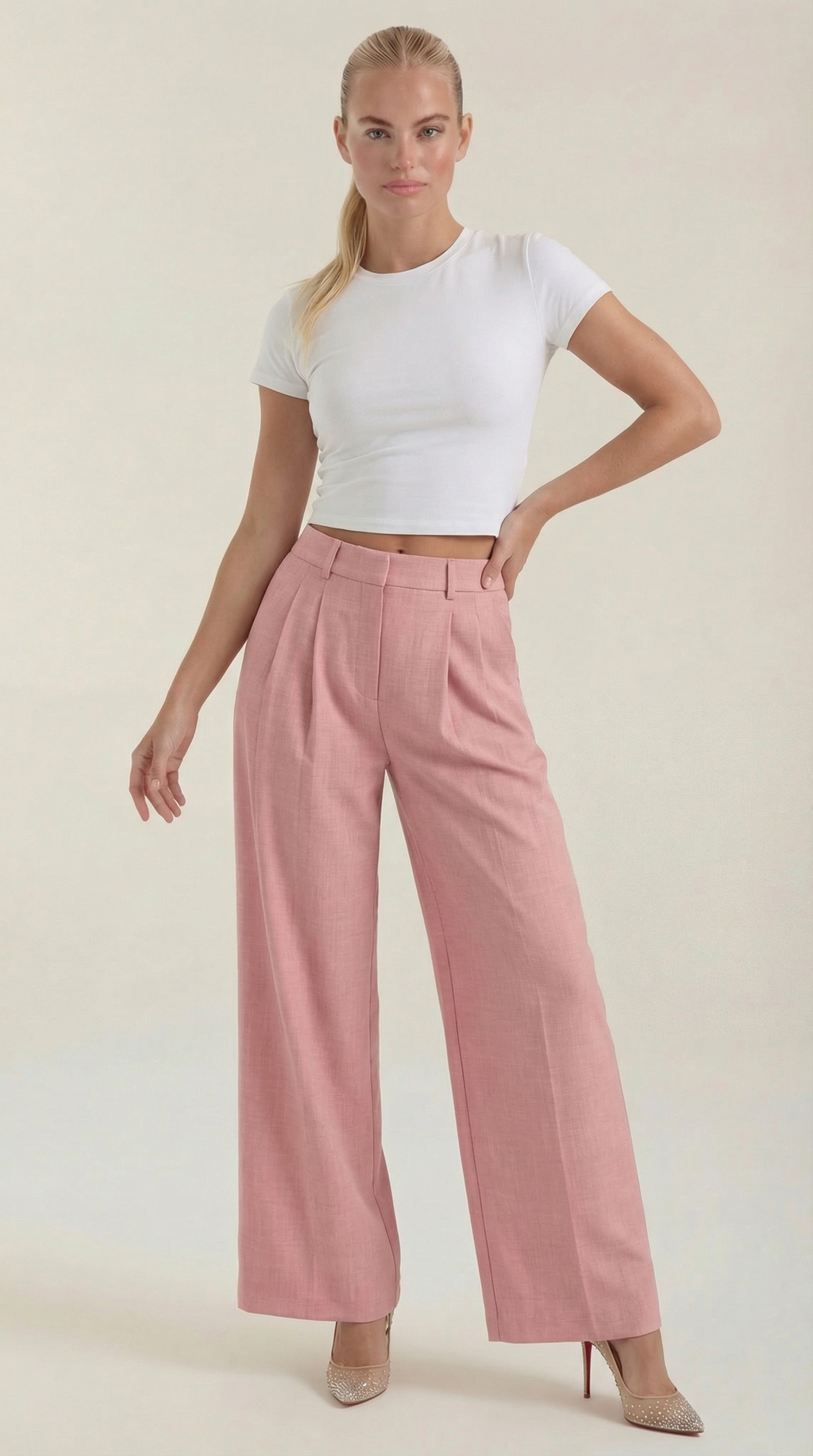 Women's Pleated High-Rise Wide-Leg Pants – Tailored Front & Flowy Crepe Fabric Pink