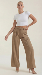Women's Pleated High-Rise Wide-Leg Pants – Tailored Front & Flowy Crepe Fabric Brown