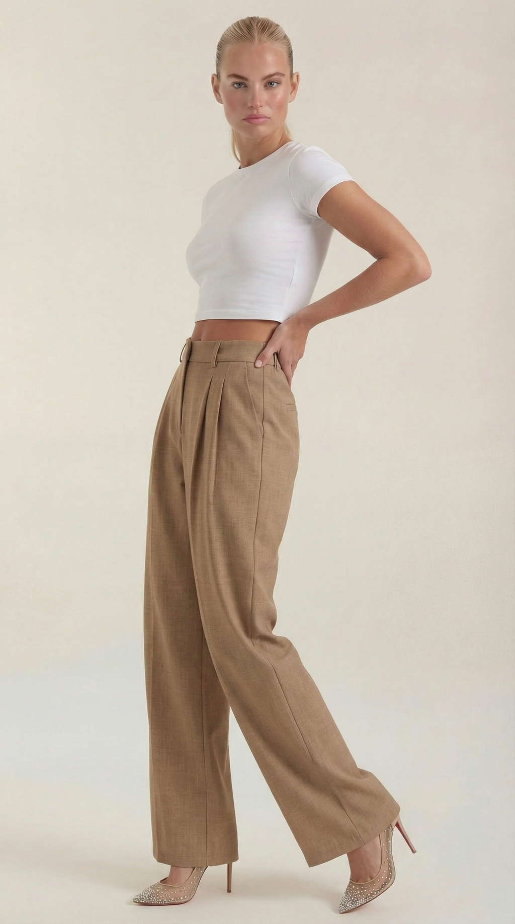 Women's Pleated High-Rise Wide-Leg Pants – Tailored Front & Flowy Crepe Fabric